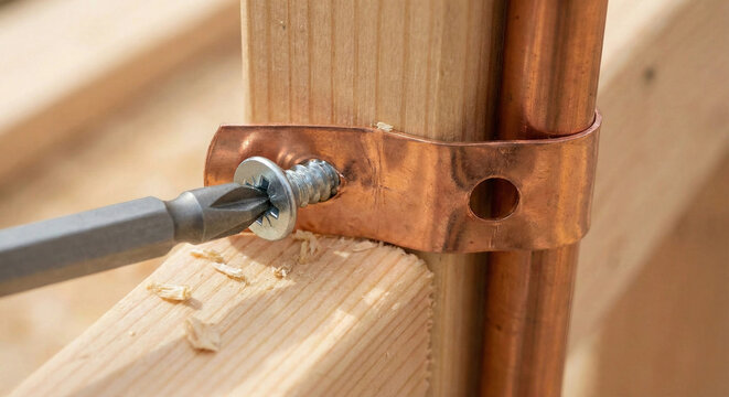 Securing copper pipe to wooden wall stud with metal strap