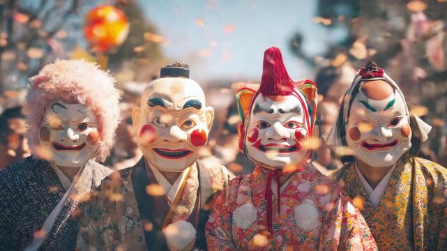 A group of people wearing traditional masks and kimonos stand on a busy Japanese street during a cultural celebration. Japanese decorations, confetti, and a festive atmosphere are featured