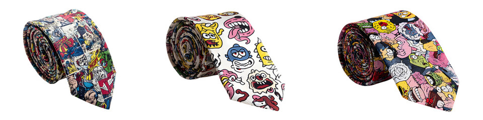 Fototapeta premium Three colorful neckties with comic book style prints isolated on a white or transparent background