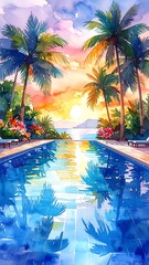 Watercolor-style scene of a pool and palm trees at sunset. Reflection sparkles with hues of blue, orange, and yellow