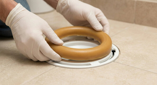 Hands placing wax ring seal on toilet floor flange during installation