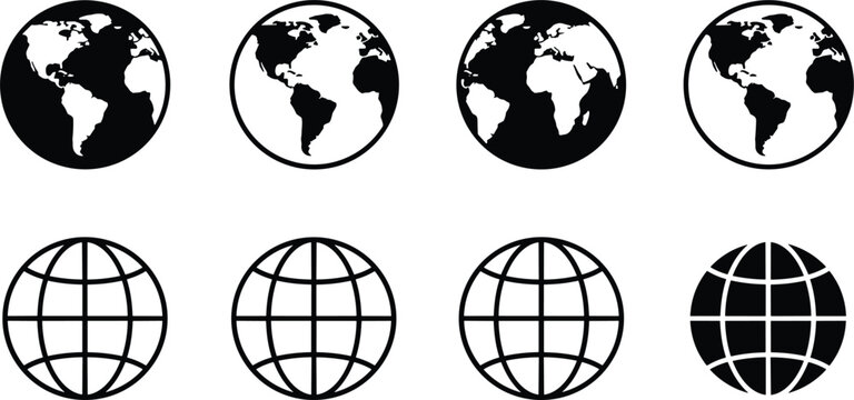 World globe icon set with earth map silhouettes and grid spheres black and white vector illustration global design