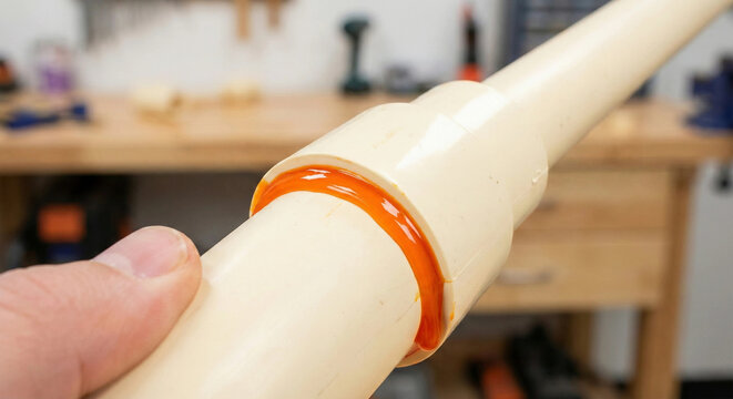 Orange solvent cement dripping from freshly glued plastic pipe joint