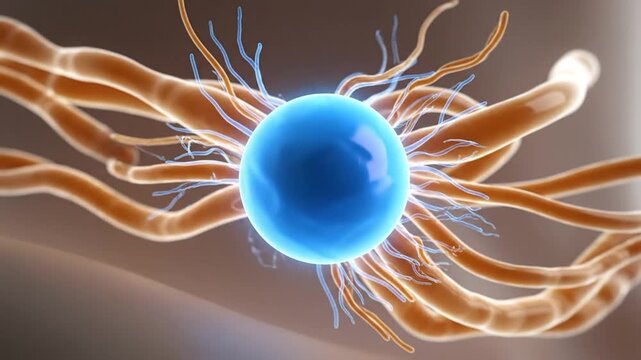 Glowing blue cell with tendrils, surrounded by tube-like structures