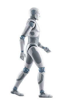 Walking humanoid robot side view isolated. Artificial intelligence motion.
