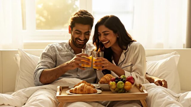 happy indian couple enjoying breakfast in bed with croissants and juice. romantic morning surprise. st valentine's day celebration. lifestyle blog, social media post.