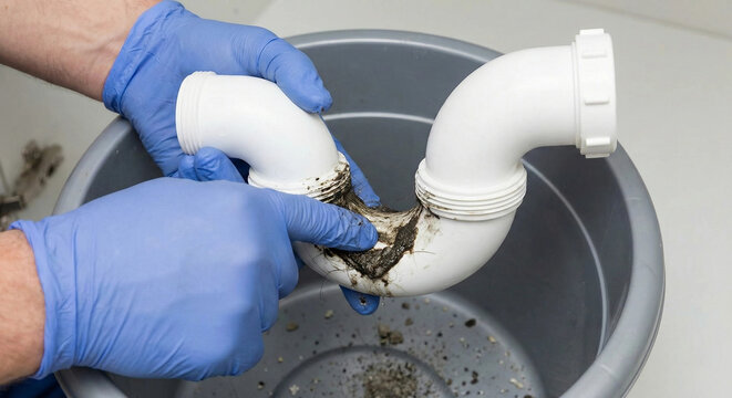 Plumber holding disassembled drain trap clogged with hair and sludge