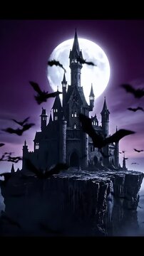 Gothic castle silhouette with full moon and flying bats