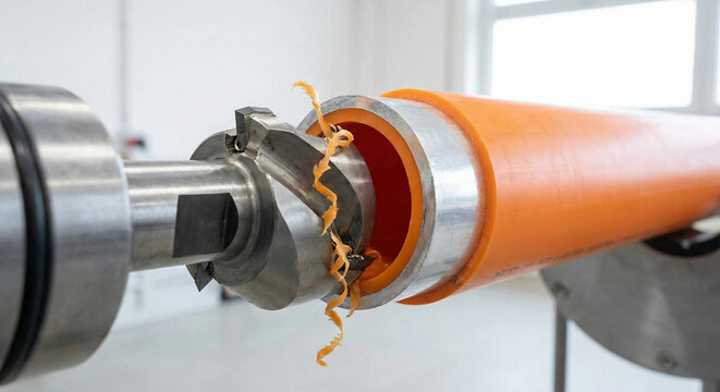 Industrial machine peeling edge of large orange plastic pipe
