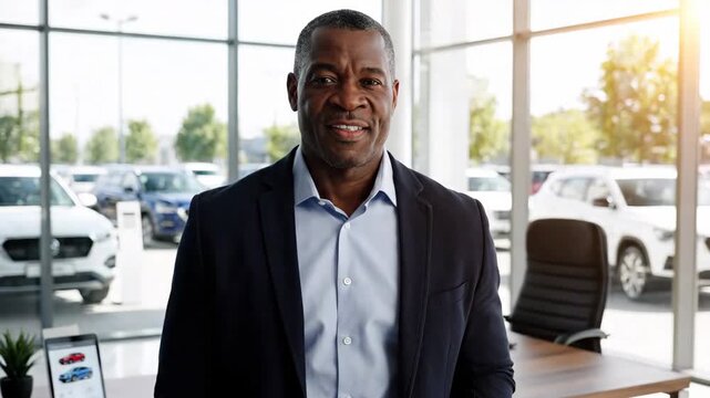 african american car salesman holding digital tablet in auto showroom. professional manager standing near desk. dealership business concept. automotive industry, retail, sales.