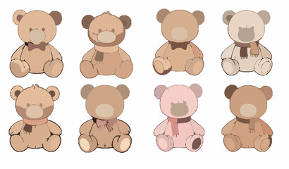 Naklejka premium Kawaii teddy bear doll vector illustrations in soft neutral colors for baby nursery use