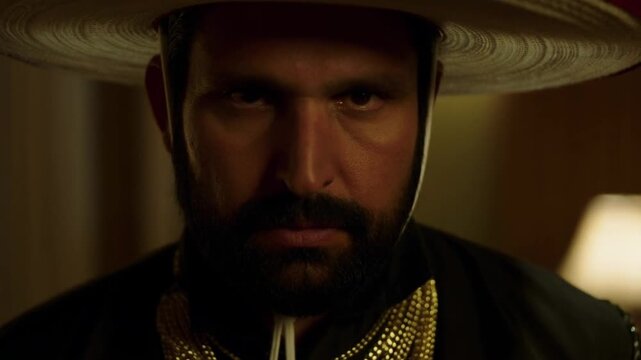 A stylish man with a serious expression wearing a traditional Mexican sombrero and multiple gold chains, exuding confidence and cultural pride in a cozy indoor setting. Mexican cartel, mexico people