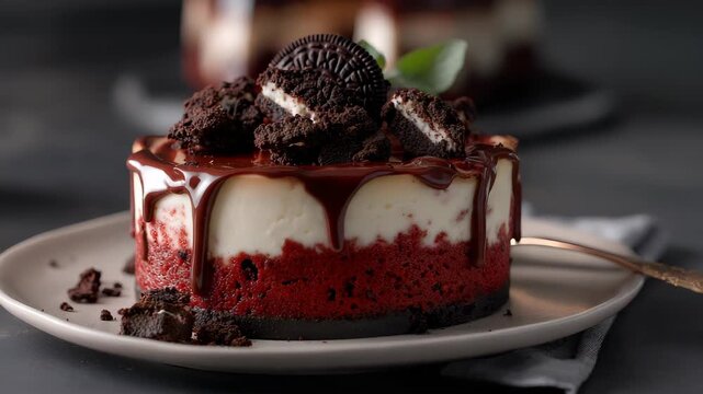 Indulgent Chocolate Drizzled Red Velvet Cheesecake with Cookies
