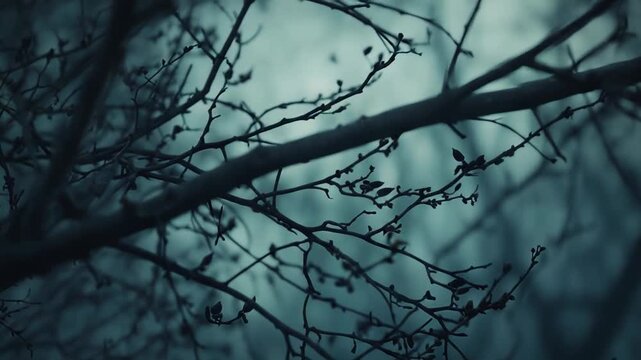 Detailed network of dormant tree branches with small buds awakening against a bleak, moody, desaturated background, symbolizing winter's cold and impending spring