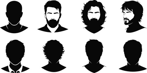A collection of eight black silhouettes depicting diverse male hairstyles and facial hair