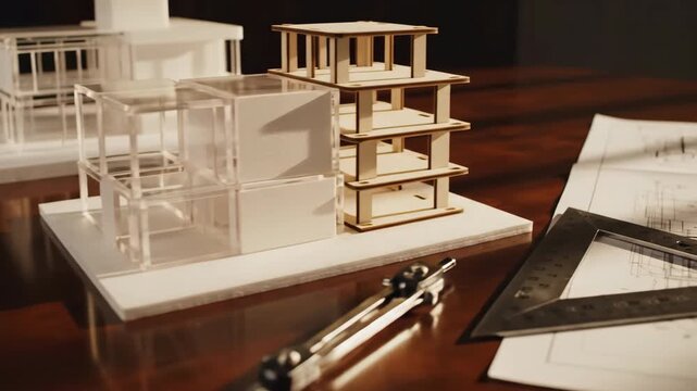 Cinematic close-up dolly shot gliding slowly over abstract architectural planning models and generic blueprint diagrams on a polished desk surface polished desk surface, success, details