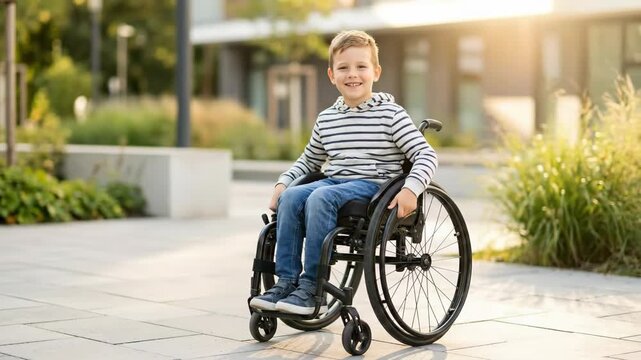 happy caucasian boy sitting in wheelchair on sunny street. disabled child portrait outdoors. accessibility and inclusion concept. rehabilitation, healthcare.