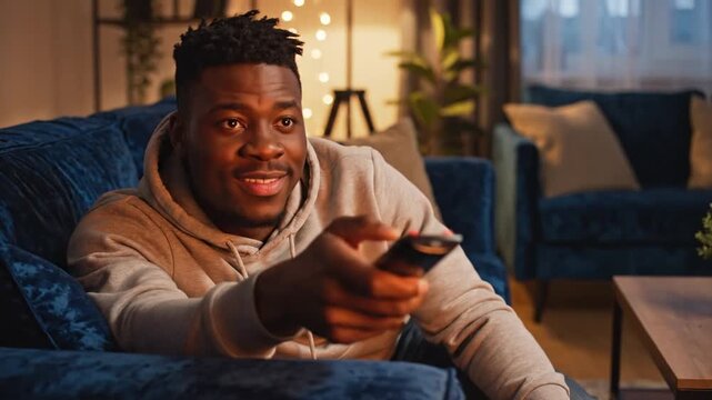 Cinematic vertical portrait of a focused young man holding a wireless remote controller while watching television content in a modern domestic setting with dramatic ambient indoor lighting.