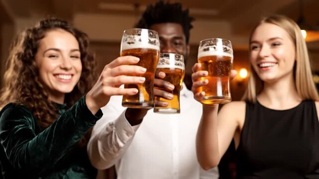 Three friends clinking beer glasses and smiling in a bar setting