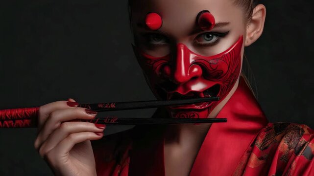 A young woman wearing a red Japanese oni mask and a silk shirt holds black chopsticks in front of her, against a black background. Concept of celebrating a Japanese holiday