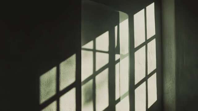 Window shadows creating a striking diagonal grid pattern on a textured interior wall, capturing a moment of light and dark contrast, evoking feelings of peace, contemplation, or isolation