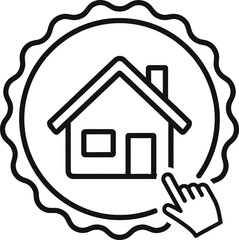 A simple black and white line drawing depicts a house icon within a circular badge with a pointing hand
