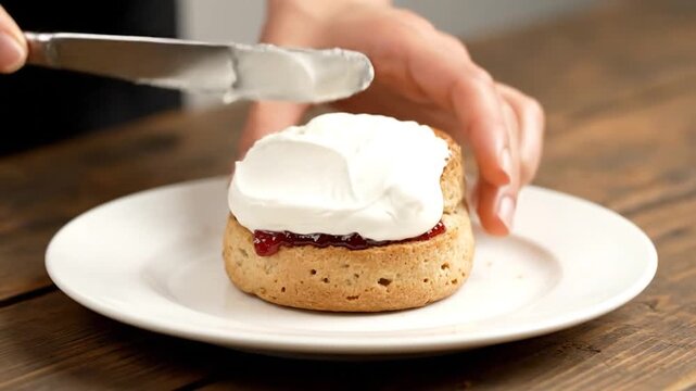 A hand spreads whipped cream on a scone with jam on a white plate atop a wooden table