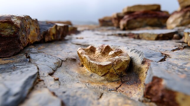 Ancient fossilized dinosaur footprint in dry cracked mudstone desert with natural erosion patterns