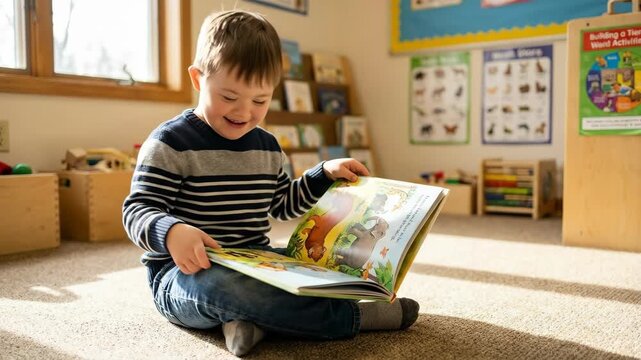 caucasian boy with down syndrome sitting on floor and reading colorful book. happy kid in kindergarten classroom. inclusive education and child development concept, school 