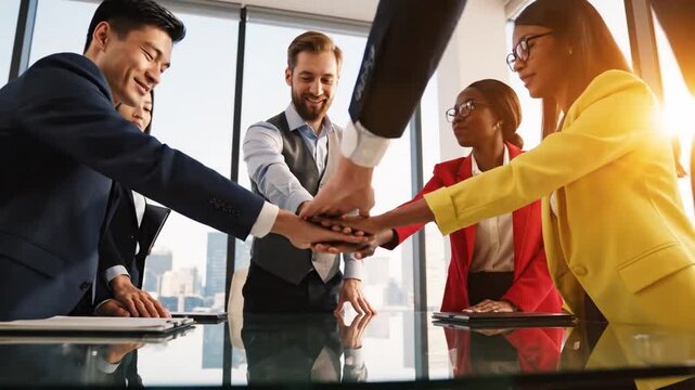 Cinematic slow motion close-up of diverse business professional hands joined together in center for team cooperation, unity, and mutual support during a corporate partnership meeting.