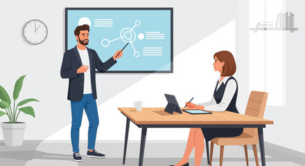 Business meeting with a man presenting to a woman