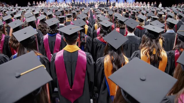 A large group of graduates wearing caps and gowns at a graduation ceremony with colorful sashes and cords