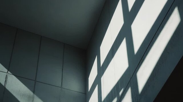 Concrete wall illuminated by strong sunlight displays captivating geometric shadows, forming diagonal lines and grid patterns, highlighting the minimalist architectural texture and visual contrast