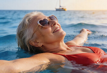 &auml;ltere Frau beim Schwimmen im Meer mit herzf&ouml;rmiger Sonnenbrille