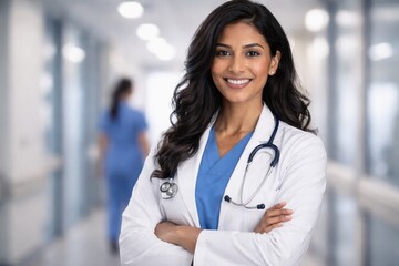 Confident Female Doctor in White Coat with Stethoscope in Hospital Corridor