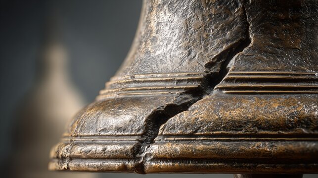 Close-up of large bronze bell with deep vertical crack and aged patina. Textured surface suggests historical significance. Ideal for heritage, symbolism, and editorial visuals.