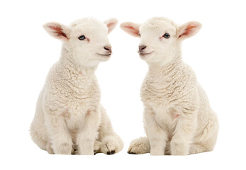 Fototapeta premium Two white baby lambs facing each other with fluffy wool coats, isolated on a transparent background
