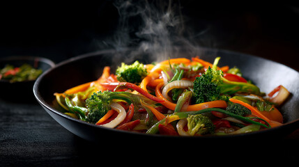Luxury vegetable stir fry styled in dark cinematic mood.