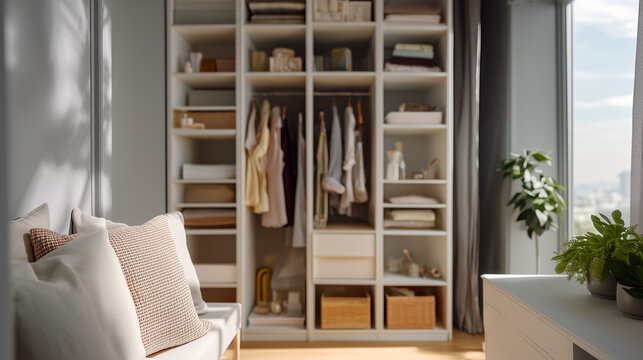 Organized wardrobe closet system featuring neatly arranged clothes, shelves, storage boxes. Minimalist bedroom interior design, decluttering and home organization concept. Natural light, plants.