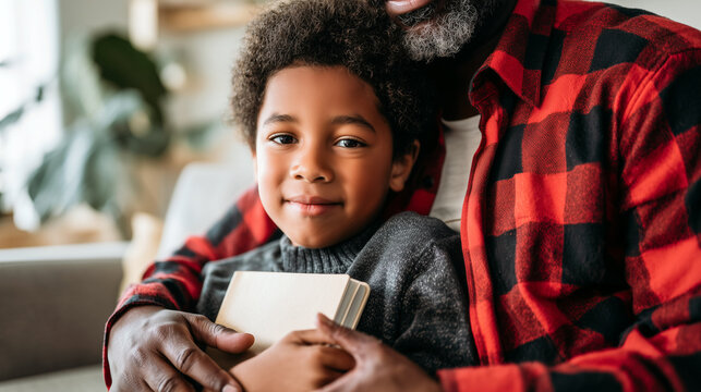 Child holding book embraced parent home learning together. African boy smiling father arms educational support. Family education parental involvement reading studying encouragement bonding concept.