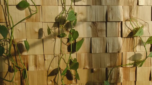 Epipremnum houseplant climbing a decorative wooden wall at home. Greenery, modern interior, home decor. 