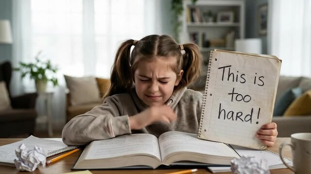 exhausted caucasian girl lying on open textbook with handwritten sign "this is too hard!". child tired of difficult homework. adhd and learning disability concept. education blog, parenting article.