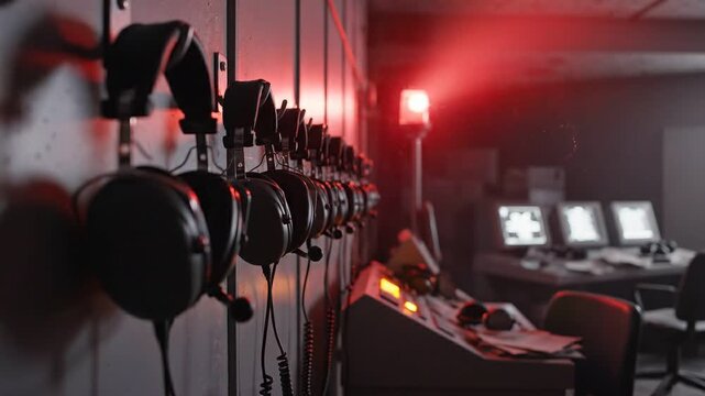 A row of black headsets hangs on a wall within a dimly lit control room illuminated by red emergency lighting and computer screens high quality professional