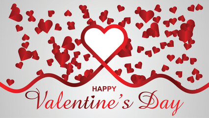 A festive Valentine's Day greeting card design featuring a large red ribbon forming a heart, surrounded by numerous smaller floating red hearts on a light background.