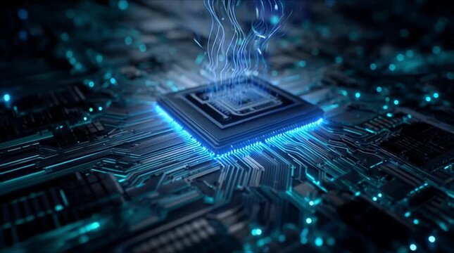 Powerful AI microprocessor with delicate blue neon energy lines and intricate circuits on dark motherboard (AI Generated)