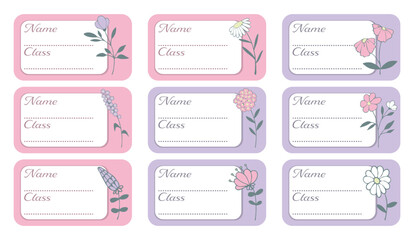 Notebook labels with cute kids icons of flowers, colorful design, template for school book labels. Set bright name stickers for notebook. Back to school labels. Name and Class