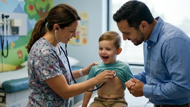 smiling nurse examining child with stethoscope during pediatric checkup. happy hispanic father holding son hand in clinic. healthcare, medical exam. hospital visit.