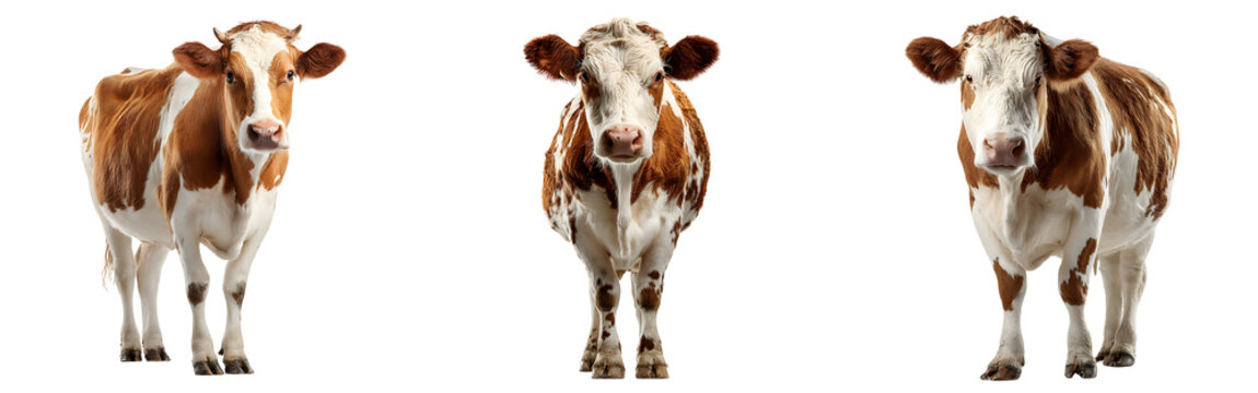 Three brown cows standing isolated on a white or transparent background