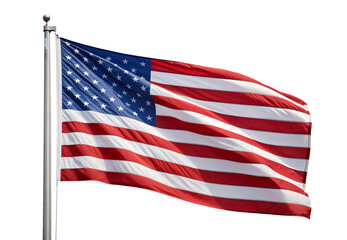 Fototapeta premium American flag waving on silver pole with stars and stripes visible, isolated on a transparent background