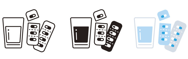 薬のアイコンセット。グラスとカプセル、錠剤。薬局、ヘルスケア、飲み薬。Medicine icon set.